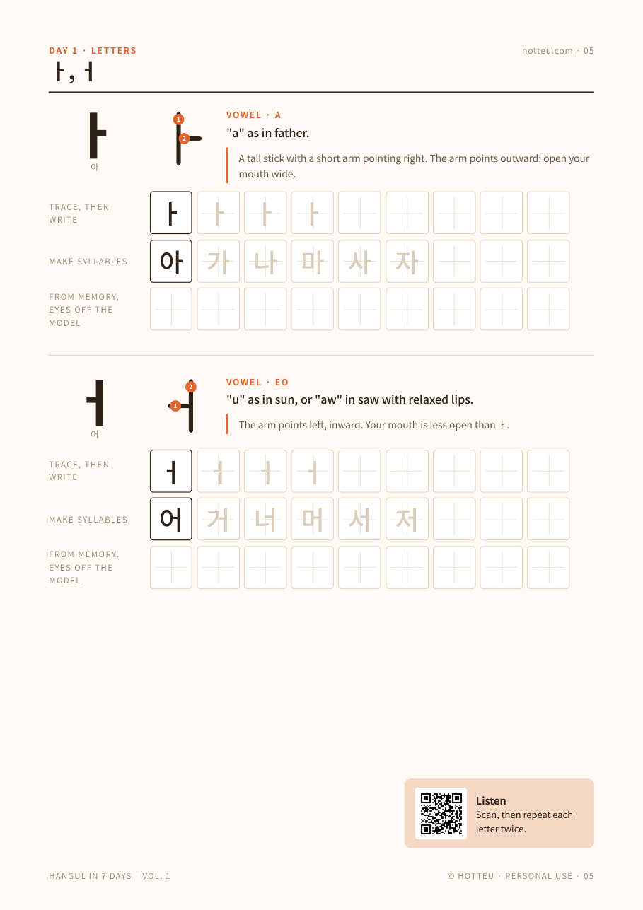 A letter practice page with stroke order and tracing cells